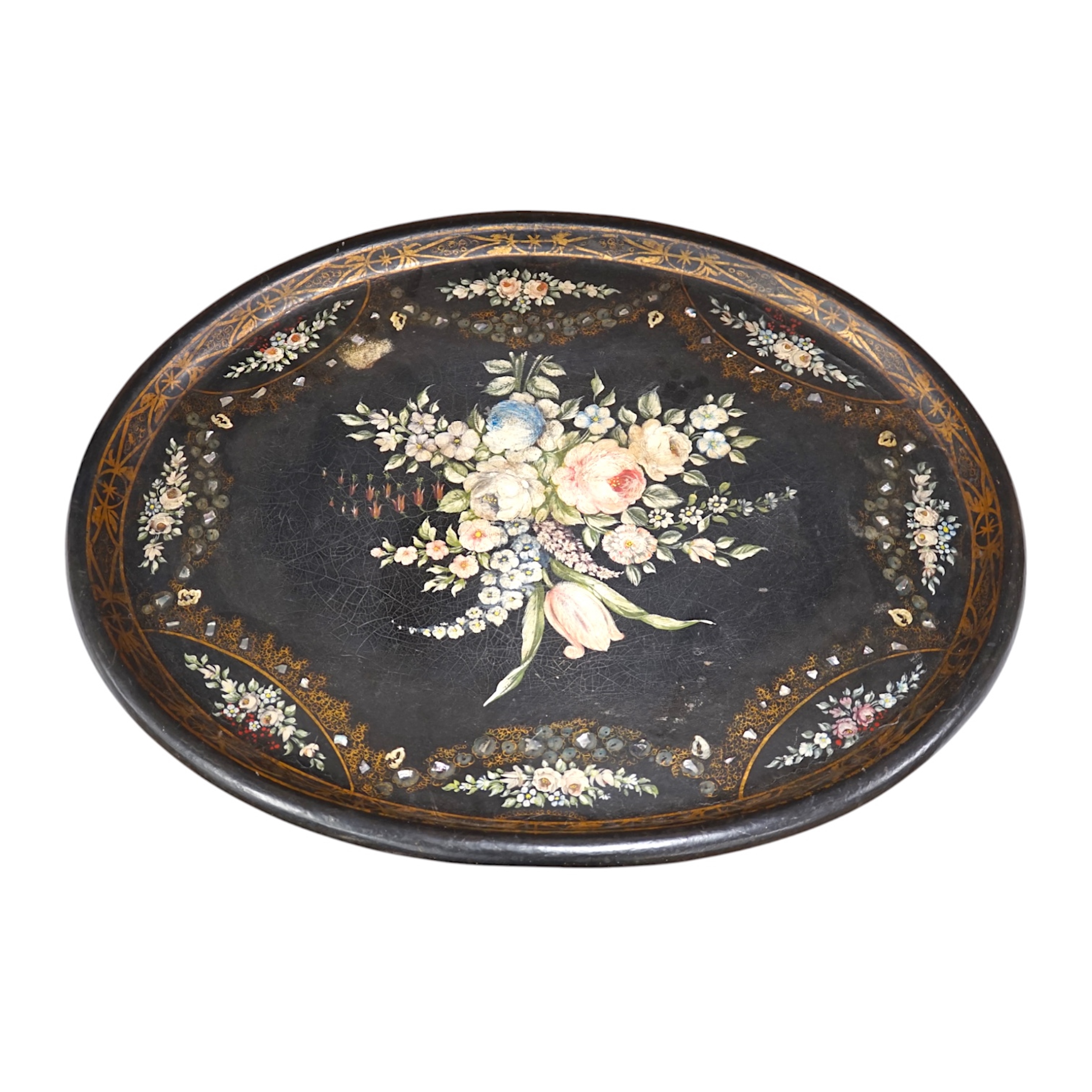 An oval papier mache tray with abalone inlay, hand painted with roses, 75cm wide. Condition - fair